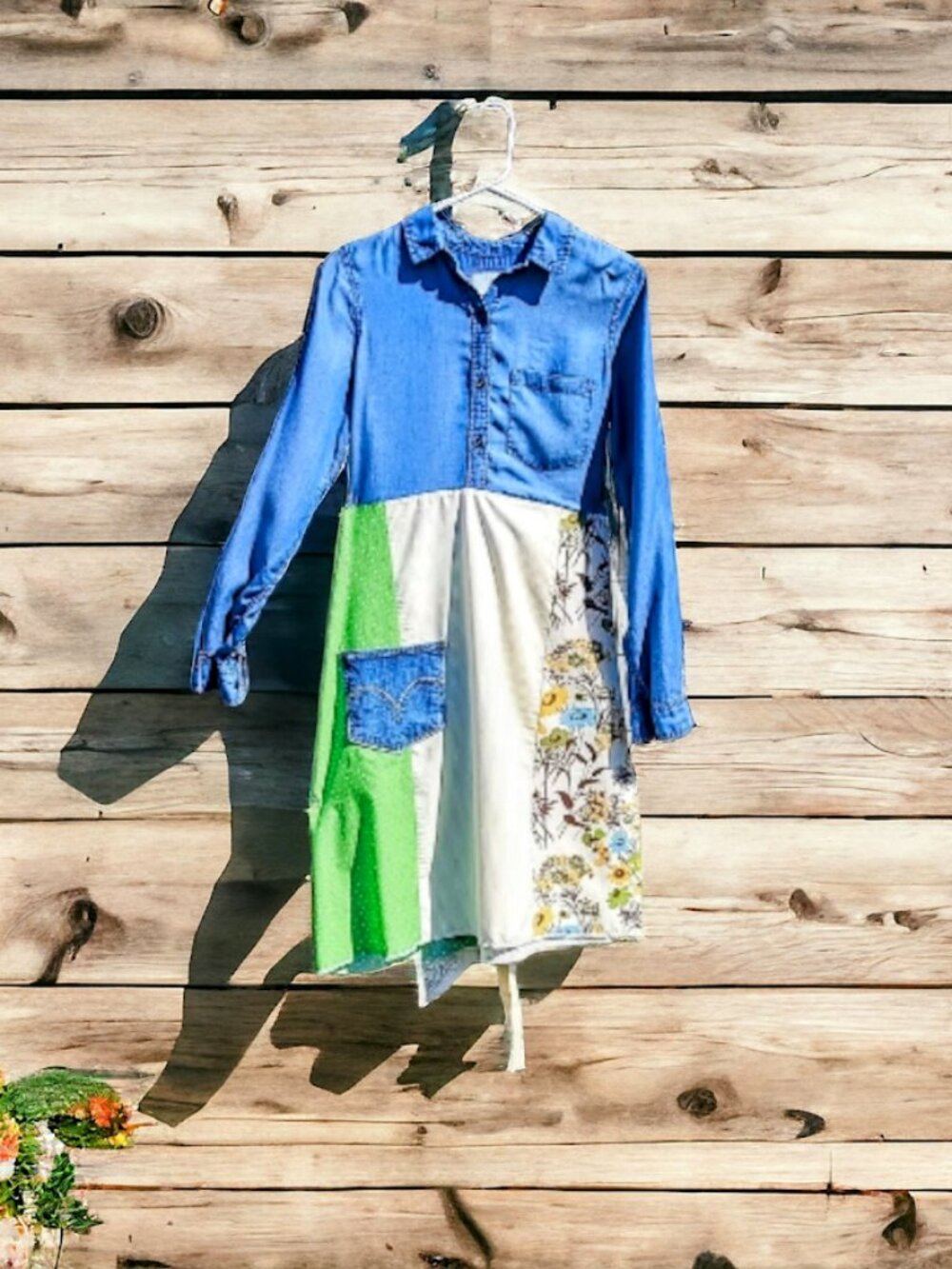 Upcycled Floral Denim Shirt Dress M